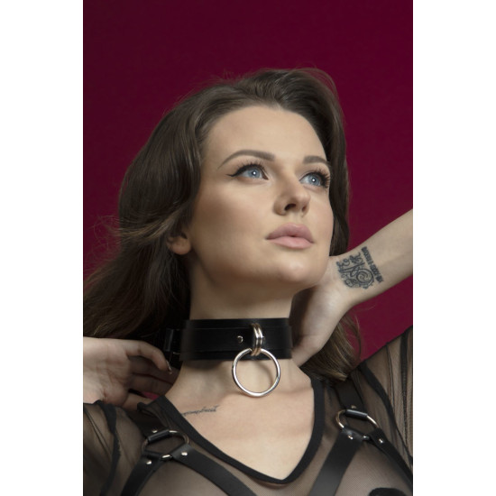 Широкий чокер с кольцом для поводка из натуральной кожи, черный Feral Feelings Collar Black