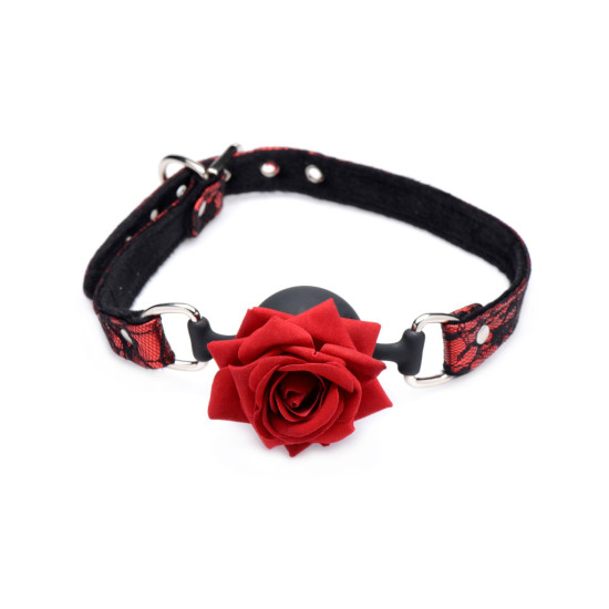 Декоративний кляп з трояндою на ремінці, чорно-червоний Master Series Eye-Catching Ball Gag With Rose