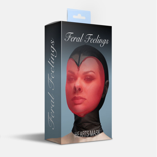 Маска-сердце из сетки с красным декором, полностью закрытое лицо Feral Feelings Hearts Mask Black/Red