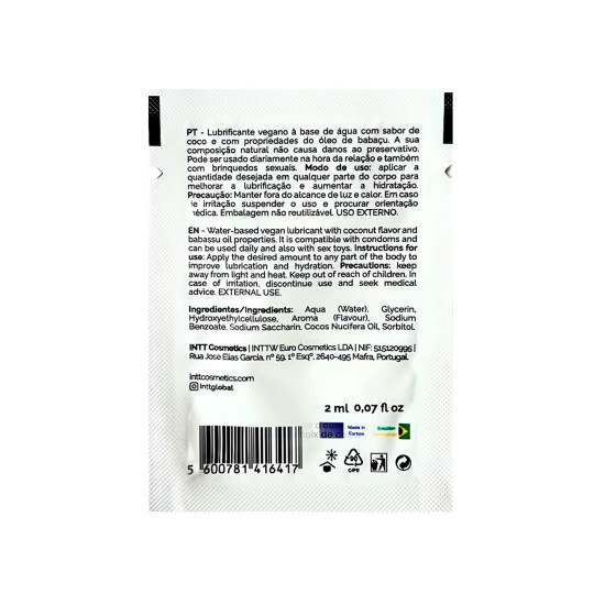 Пробник ухаживающего лубриканта на водной основе с кокосовым маслом Intt Coconut, 2 ml