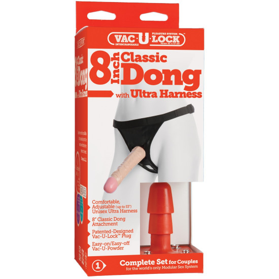 Трусики со страпоном из ПВХ, диаметр 3,8 см, длина 20 см Doc Johnson Vac-U-Lock 8 Inch Classic Dong Ultra Harness