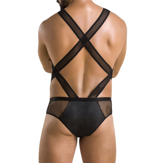 Эротическое сетчатое боди из экокожи и сетки, черное Passion 045 Victor Black, XXL/XXXL