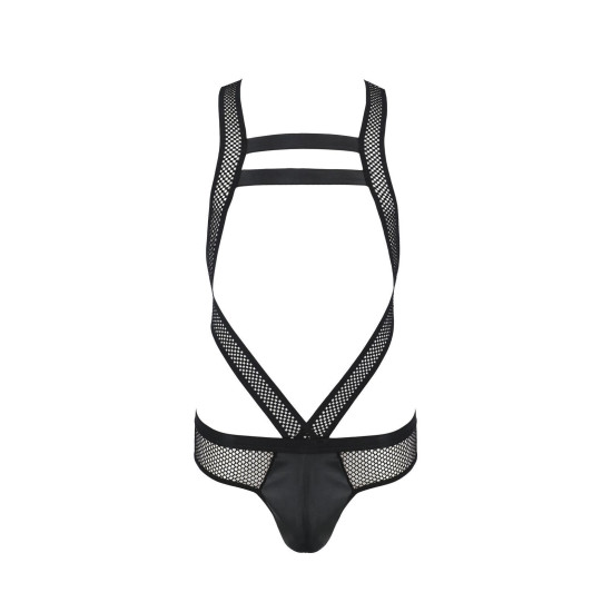 Эротическое сетчатое боди из экокожи и сетки, черное Passion 045 Victor Black, XXL/XXXL