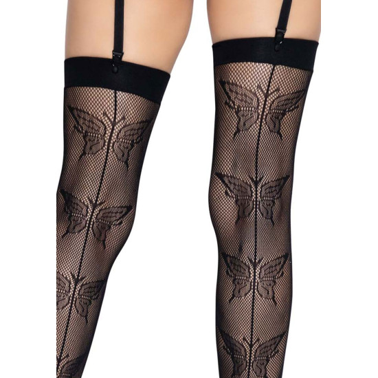 Панчохи-сітка зі швом ззаду і метеликами, чорні Leg Avenue Butterfly Back Seam Thigh Highs Black, One Size