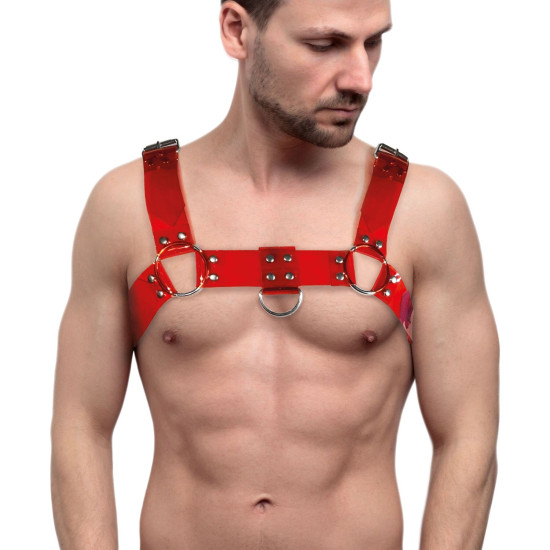 Мужская портупея на грудь, красная прозрачная Feral Feelings Bulldog Harness Red Transparent