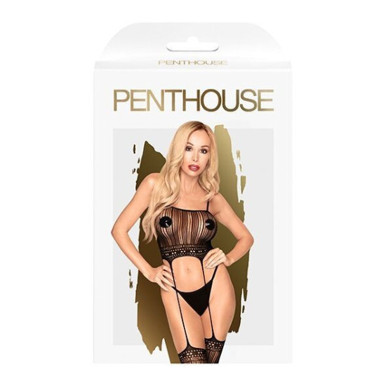 Бодістокінг із топом і панчохами на підв'язках, чорний Penthouse Sex Dealer Black, S/L