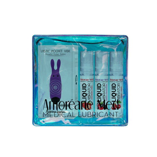 Набір з 3-х смаків стимулюючого лубриканта і вібропулі Amoreane Med Set, 3×10 ml + Adrien Lastic Purple