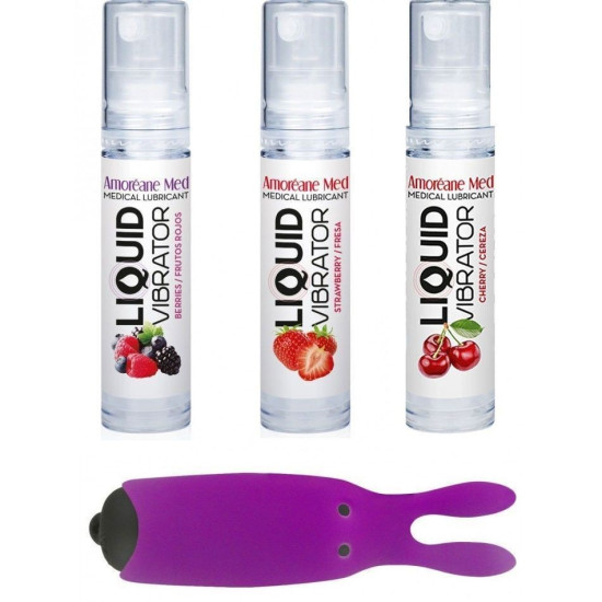 Набір з 3-х смаків стимулюючого лубриканта і вібропулі Amoreane Med Set, 3×10 ml + Adrien Lastic Purple