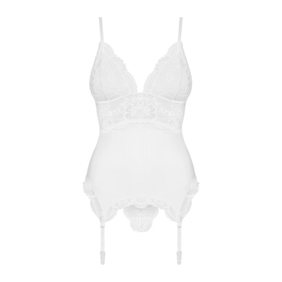 Сатиновый кружевной корсет с танга, белый Obsessive 810-COR-2 Babydoll & Thong White, L/XL