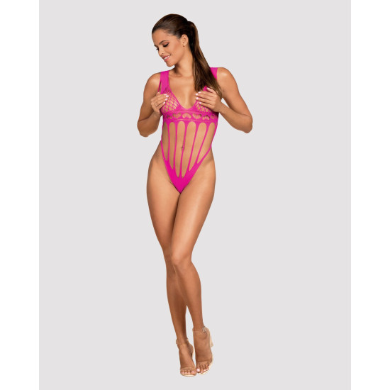 Сетчатый бодистокинг с продольными вырезами, розовый Obsessive B121 Teddy, S/M/L
