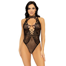 Боди-сетка с кружевом и завязкой на шее, черное Leg Avenue Net & Lace Halter Bodysuit Black, One Size