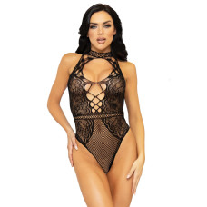 Боди-сетка с кружевом и завязкой на шее, черное Leg Avenue Net & Lace Halter Bodysuit Black, One Size