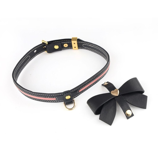 Кожаный ошейник с поводком, черный Lockink Sevanda Love Heart Butterfly Leather Collar Set Black