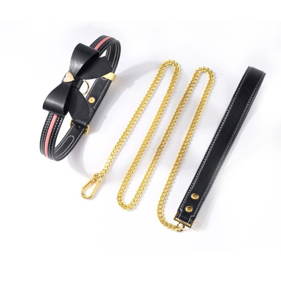 Кожаный ошейник с поводком, черный Lockink Sevanda Love Heart Butterfly Leather Collar Set Black
