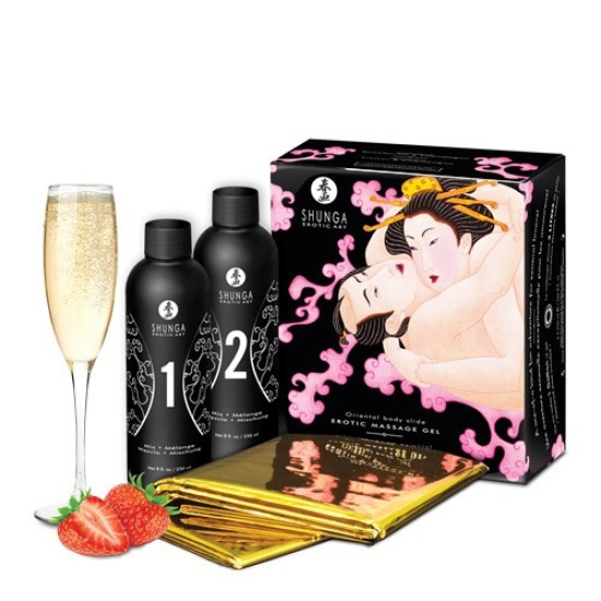 Гель для NURU массажа с простыней в комплекте, аромат клубничного вина Shunga Oriental Body-to-Body Sparkling Strawberry Wine, 2 x 225 ml