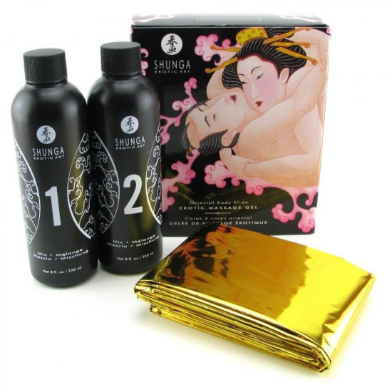 Гель для NURU массажа с простыней в комплекте, аромат клубничного вина Shunga Oriental Body-to-Body Sparkling Strawberry Wine, 2 x 225 ml
