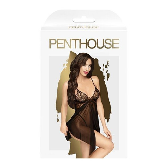 Бэби-долл с ажурным браллетом и высоким разрезом, черный Penthouse Sweet Beast Black, S/M