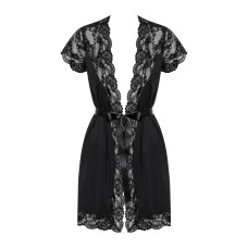 Сатиновый открытый пеньюар на поясе, чёрный Obsessive 810-PEI-1 Peignoir Black, L/XL