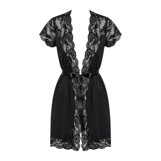 Сатиновий відкритий пеньюар на поясі, чорний Obsessive 810-PEI-1 Peignoir Black, L/XL