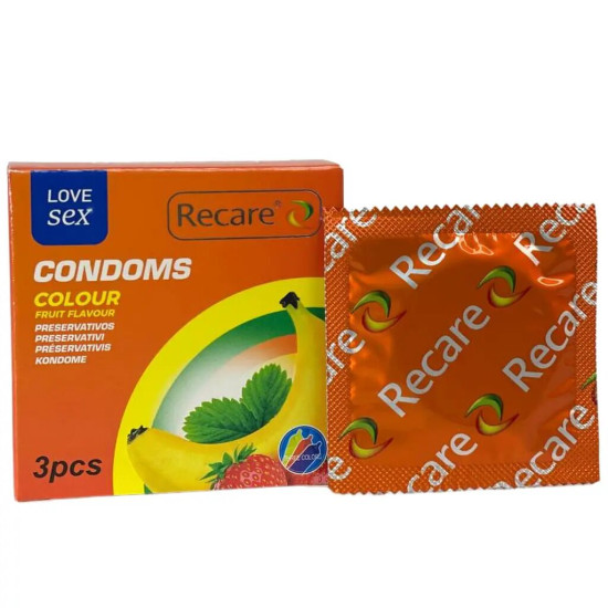 Презервативи з ароматами м'яти, банана та полуниці, 3 шт Recare Color Fruit Flavour Condoms