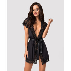 Сатиновый открытый пеньюар на поясе, чёрный Obsessive 810-PEI-1 Peignoir Black, 2XL/3XL