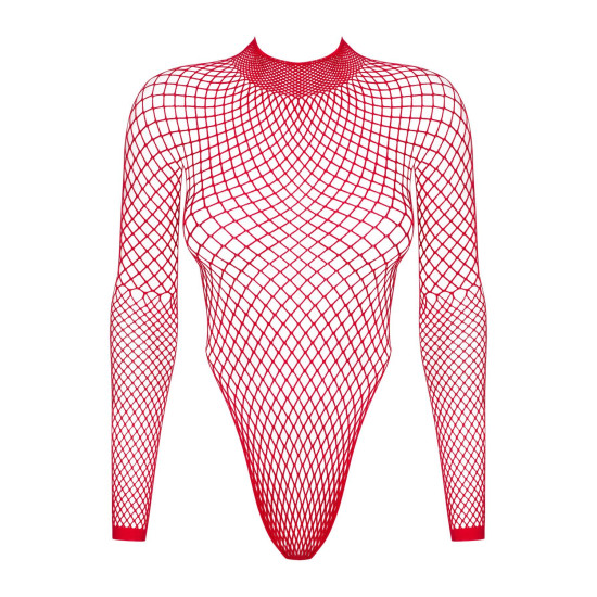 Сетчатый бодистокинг с длинным рукавом, красный Obsessive B126 Teddy Red, XL/XXL