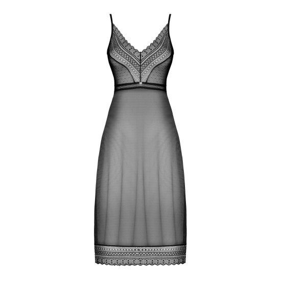 Чёрная полупрозрачная длинная сорочка с асимметричным кроем Obsessive Estiqua Chemise Black, XS/S