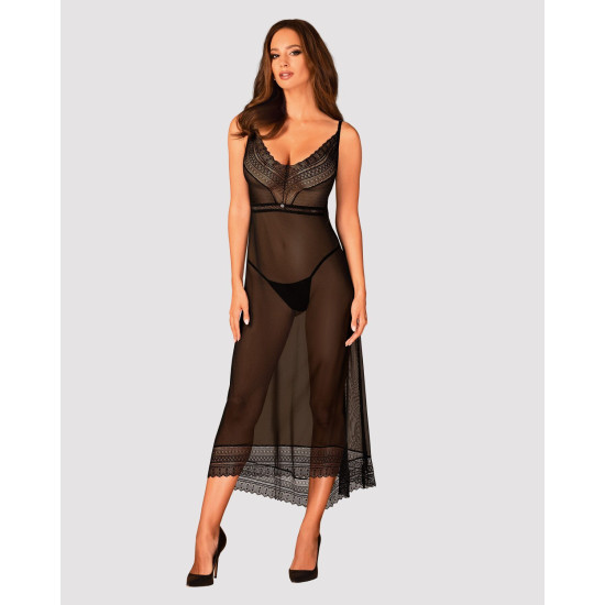 Чёрная полупрозрачная длинная сорочка с асимметричным кроем Obsessive Estiqua Chemise Black, XS/S