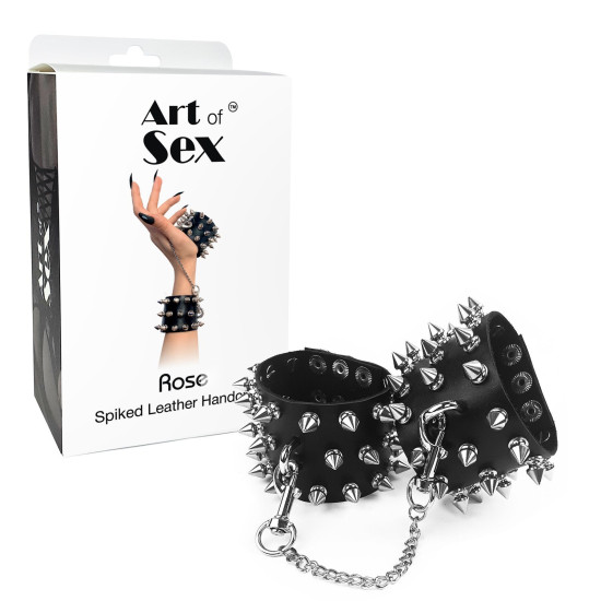 Наручники з шипами з натуральної шкіри, чорні Art of Sex Rose Spiked Leather Handcuffs