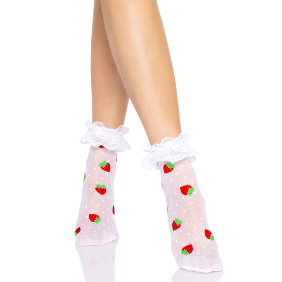 Жіночі шкарпетки з полуничним принтом і мереживними манжетами Leg Avenue Strawberry Ruffle Top Anklets, One Size