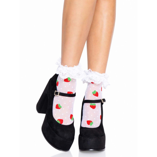 Жіночі шкарпетки з полуничним принтом і мереживними манжетами Leg Avenue Strawberry Ruffle Top Anklets, One Size