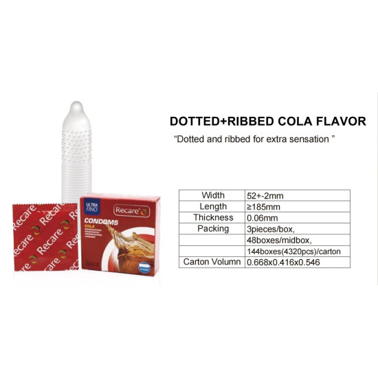 Презервативи з пухирцями та ребрами з ароматом коли, 3 шт Recare Cola Dotted&Ribbed Condoms