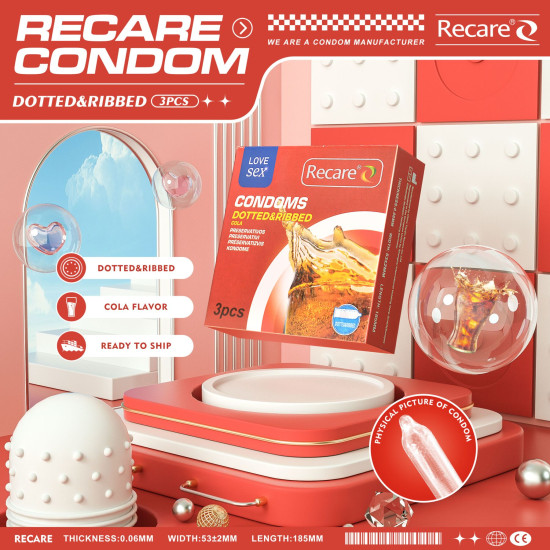 Презервативи з пухирцями та ребрами з ароматом коли, 3 шт Recare Cola Dotted&Ribbed Condoms