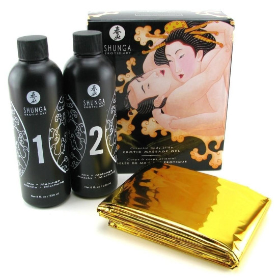 Гель для NURU массажа с простыней в комплекте, аромат дыни и манго Shunga Oriental Body-to-Body Melon Mango, 2 x 225 ml