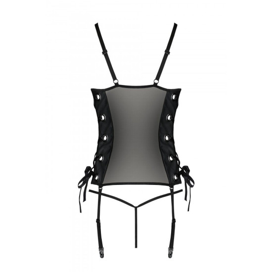 Сетчатый корсет из экокожи с люверсами и съемными пажами, черный Passion Malwia Corset Black, S/M