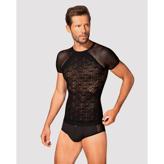 Чёрная мужская полупрозрачная футболка с орнаментом Obsessive T102 T-Shirt Black, S/M/L