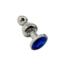 Металева анальна пробка з синім кристалом, діаметр 2,8 см, блакитна Wooomy Lollypop Double Ball Metal Plug Blue, S