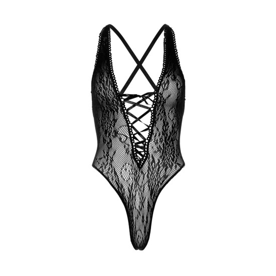 Мереживне боді зі шнурівкою на грудях, чорне Leg Avenue Floral Lace Thong Teddy Floral Lace Teddy Black, One Size