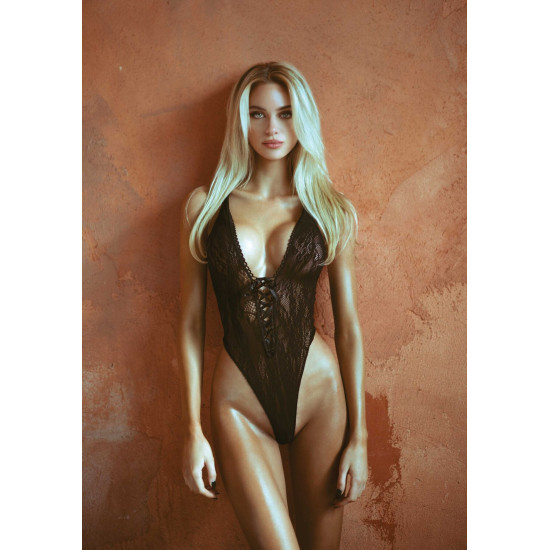 Мереживне боді зі шнурівкою на грудях, чорне Leg Avenue Floral Lace Thong Teddy Floral Lace Teddy Black, One Size