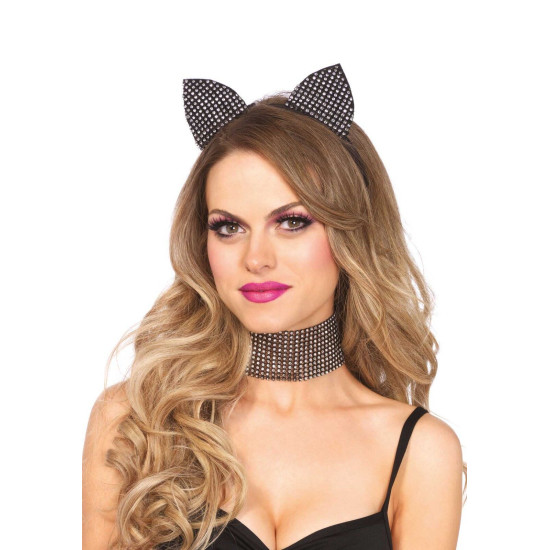 Набор кошечки со стразами (широкий чокер и ушки), черный Leg Avenue Cat Ear Headband & Choker Set