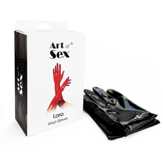 Глянцевые виниловые перчатки с эффектом голограммы, черные Art of Sex - Lora, S