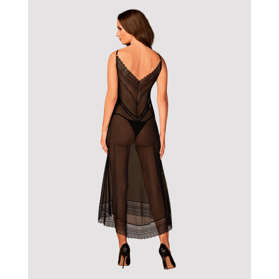 Чёрная полупрозрачная длинная сорочка с асимметричным кроем Obsessive Estiqua Chemise Black, XL/2XL