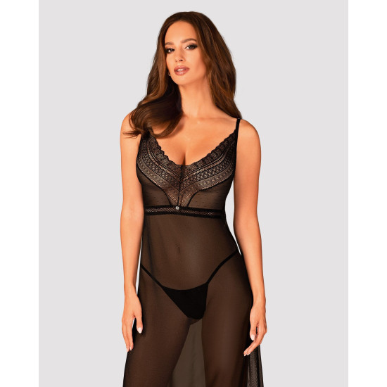 Чёрная полупрозрачная длинная сорочка с асимметричным кроем Obsessive Estiqua Chemise Black, XL/2XL