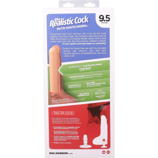Кончающий фаллоимитатор, длина 24.1 см Doc Johnson The Realistic Cock ULTRASKYN - Squirting 9,5 Inch Chocolate