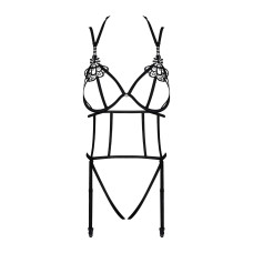 Боді зі стреп з відкритим доступом до промежини, чорне Obsessive Badossa Crotchless Teddy Black, S/M