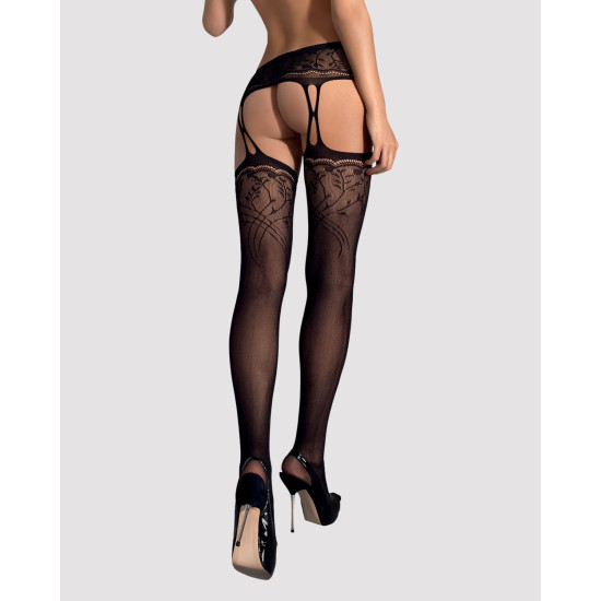 Чёрные чулки-стокинги с растительным рисунком и имитацией гартеров Obsessive Garter Stockings S206 Black, S/M/L