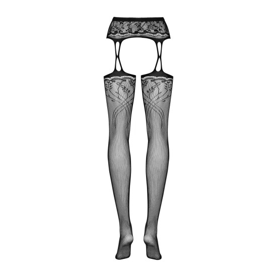 Чёрные чулки-стокинги с растительным рисунком и имитацией гартеров Obsessive Garter Stockings S206 Black, S/M/L