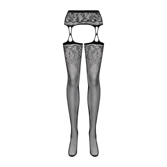 Чёрные чулки-стокинги с растительным рисунком и имитацией гартеров Obsessive Garter Stockings S206 Black, S/M/L