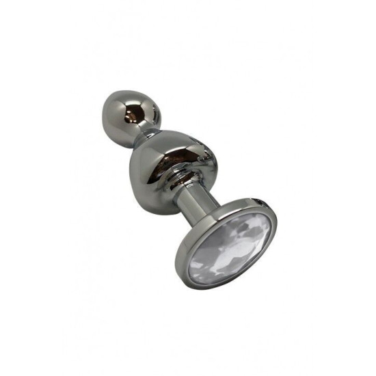 Металева анальна пробка з кристалом, діаметр 2,8 см, срібляста Wooomy Lollypop Double Ball Metal Plug, S
