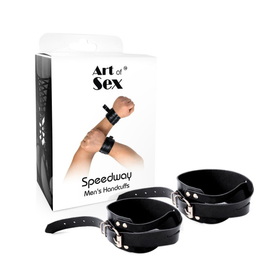 Чоловічі шкіряні БДСМ наручники, чорні Art of Sex Man Handcuffs Speedway, XS-M